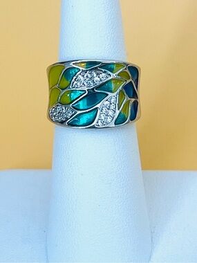 Colorful Enamel Leaf silver Ring, stamped .925